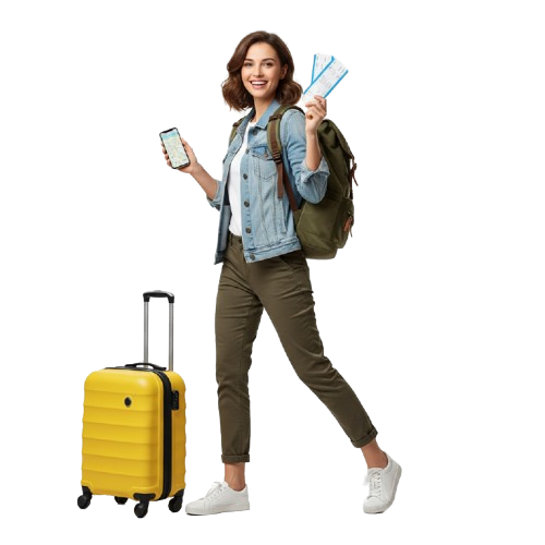 Sırt çantası takmış, elinde akıllı telefon ve uçuş biletleri bulunan, sarı tekerlekli bir valiz taşıyan ve gülümseyen bir kadın yürüyor.